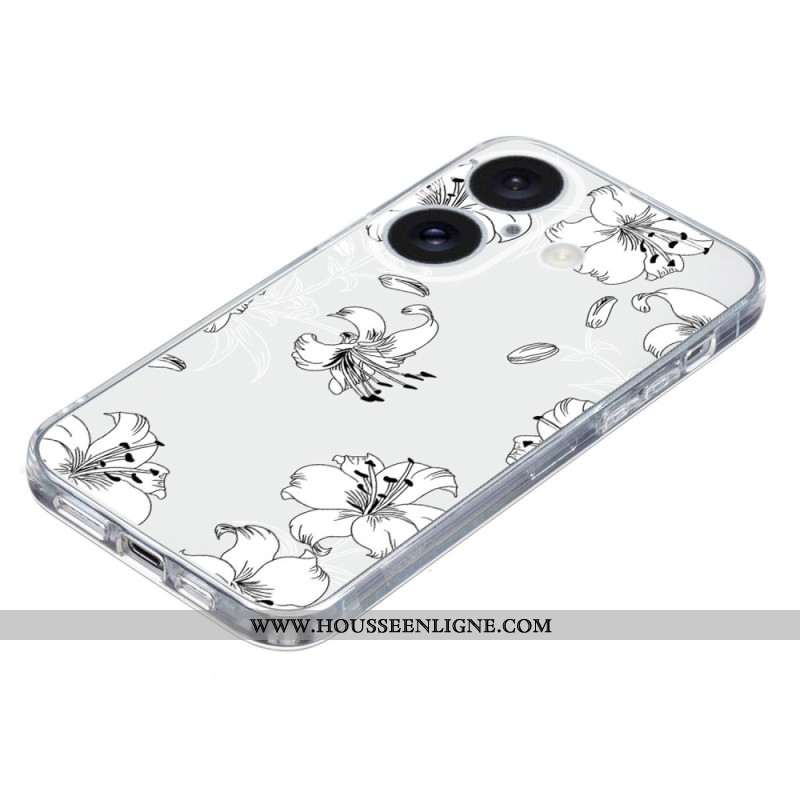 Coque iPhone 16 Bord Transparent Fleurs Blanches