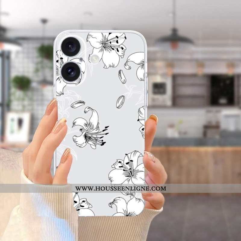 Coque iPhone 16 Bord Transparent Fleurs Blanches