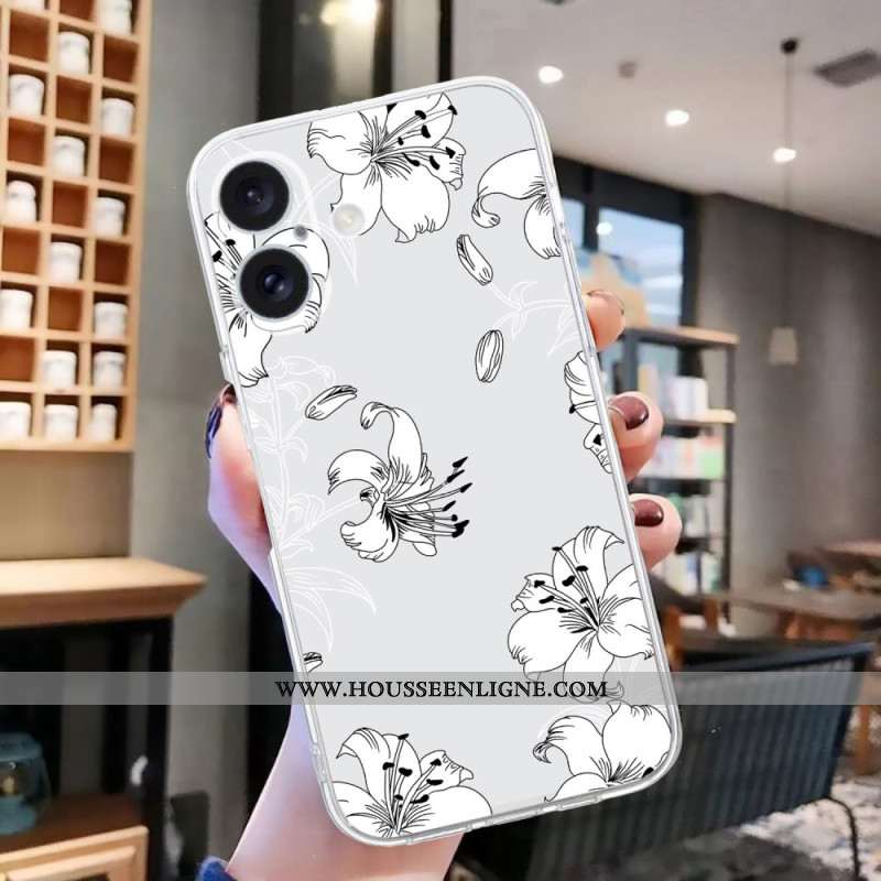 Coque iPhone 16 Bord Transparent Fleurs Blanches