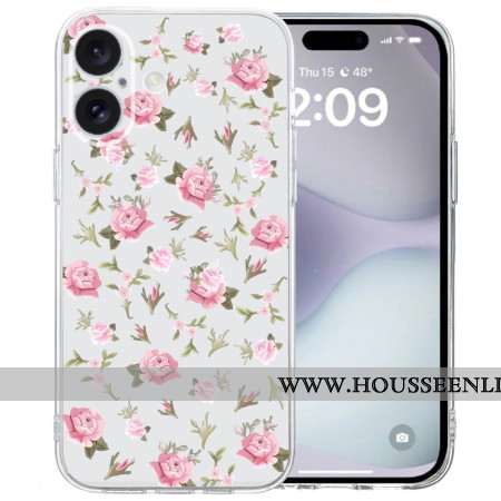 Coque iPhone 16 Bord Transparent Fleurs Roses