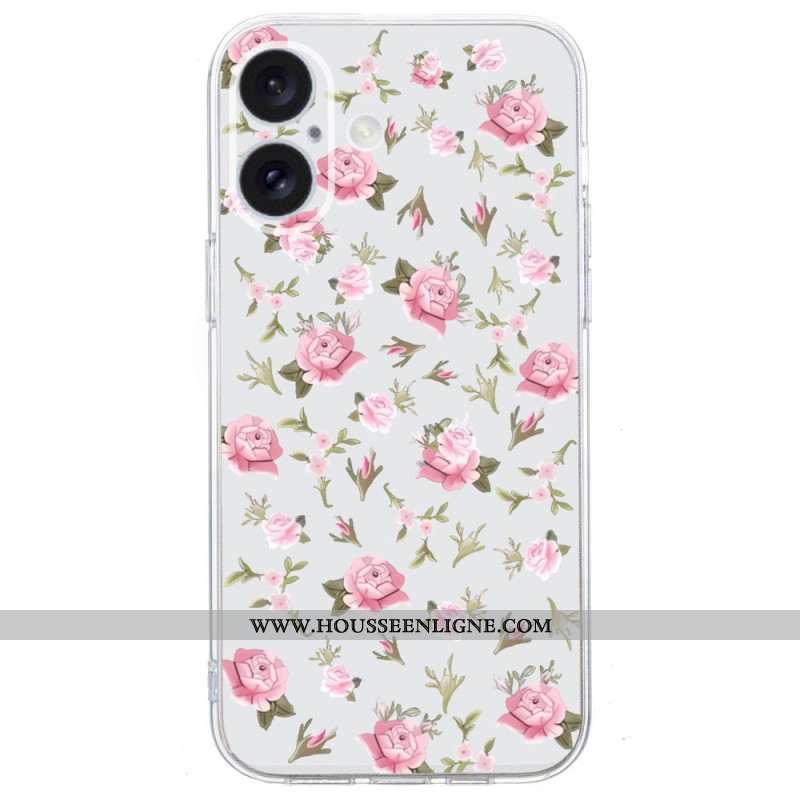 Coque iPhone 16 Bord Transparent Fleurs Roses