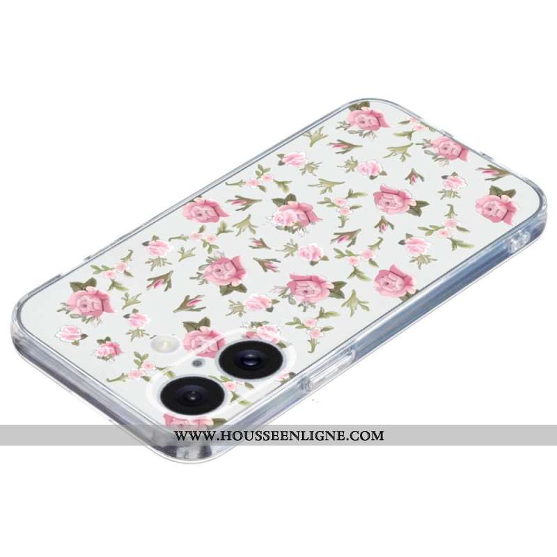 Coque iPhone 16 Bord Transparent Fleurs Roses