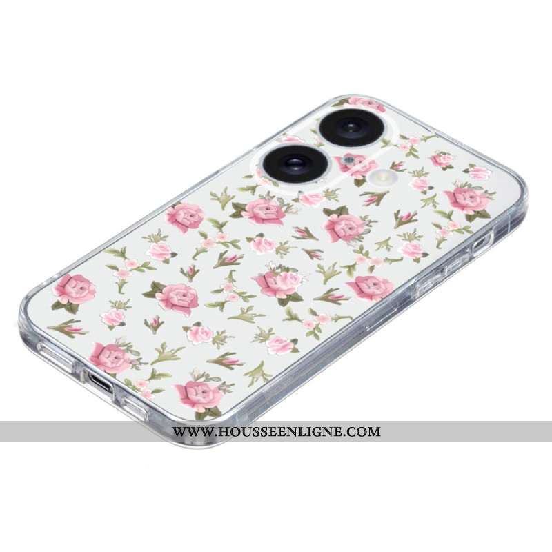 Coque iPhone 16 Bord Transparent Fleurs Roses