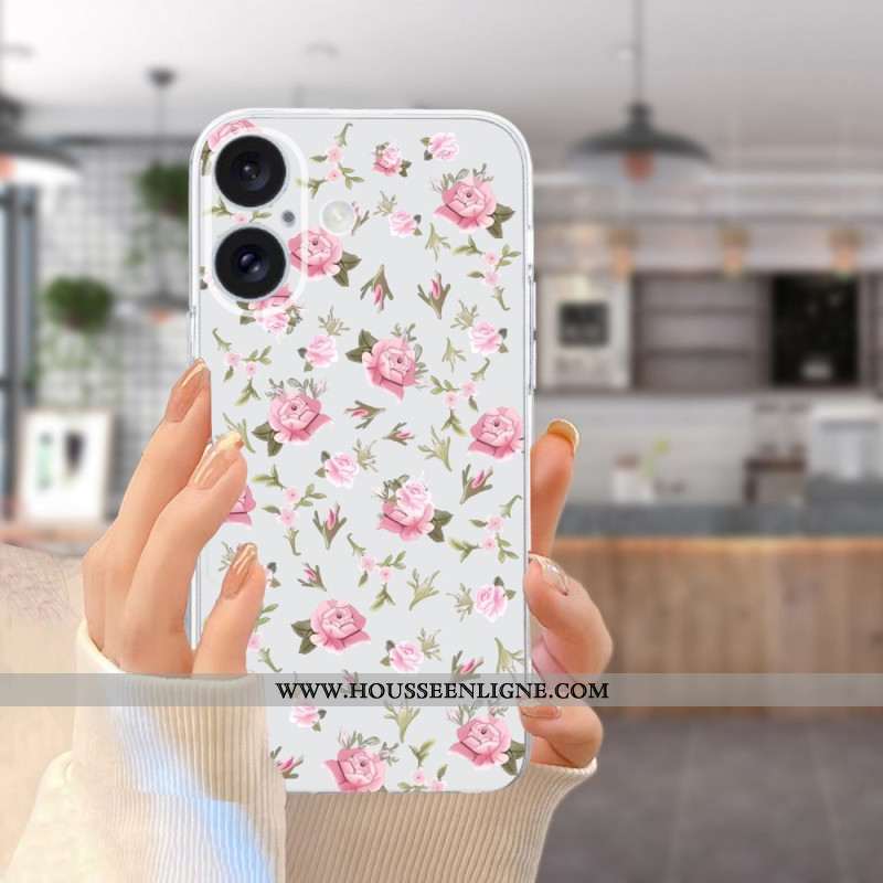 Coque iPhone 16 Bord Transparent Fleurs Roses