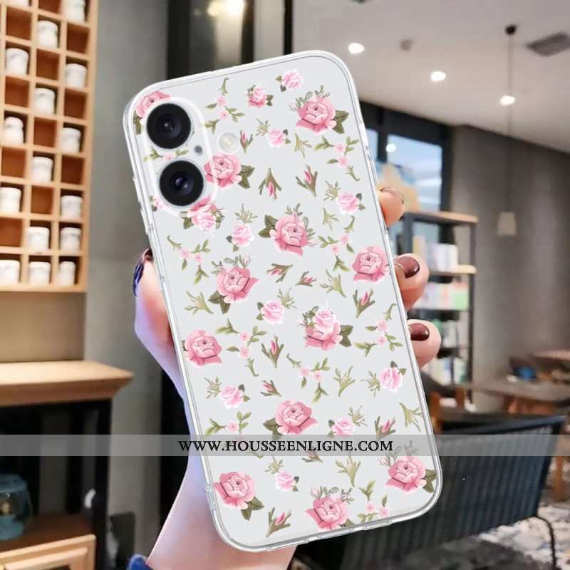 Coque iPhone 16 Bord Transparent Fleurs Roses