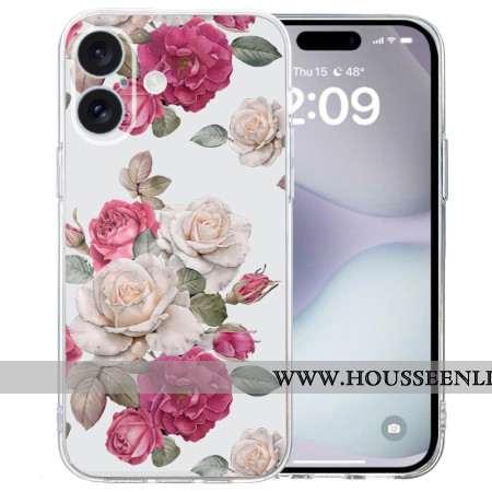 Coque iPhone 16 Bord Transparent Pivoines