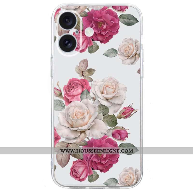 Coque iPhone 16 Bord Transparent Pivoines