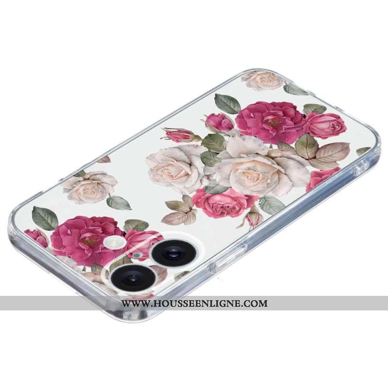 Coque iPhone 16 Bord Transparent Pivoines