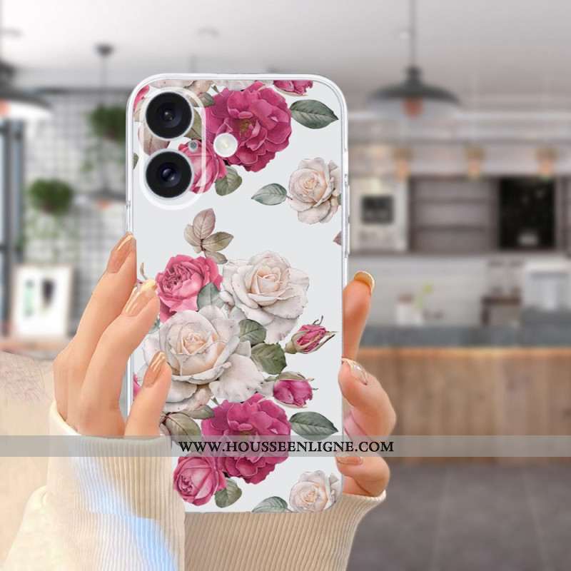 Coque iPhone 16 Bord Transparent Pivoines