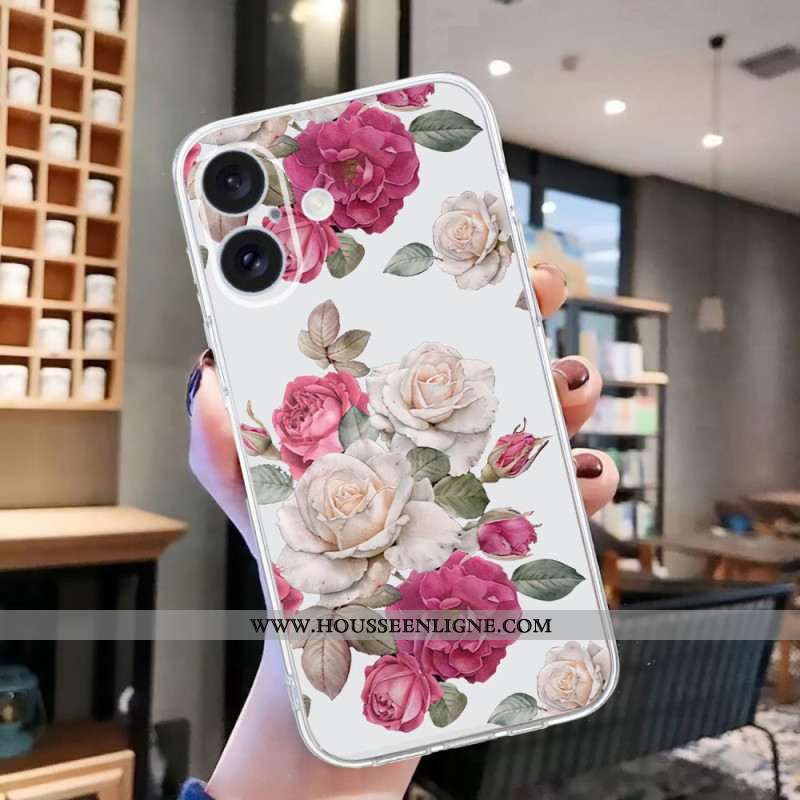 Coque iPhone 16 Bord Transparent Pivoines