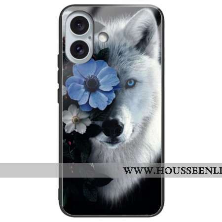 Coque iPhone 16 Plus Verre Trempé Loup et Fleur Bleue