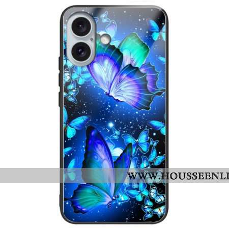 Coque iPhone 16 Plus Verre Trempé Papillons Bleus