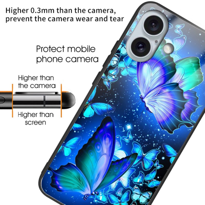 Coque iPhone 16 Plus Verre Trempé Papillons Bleus