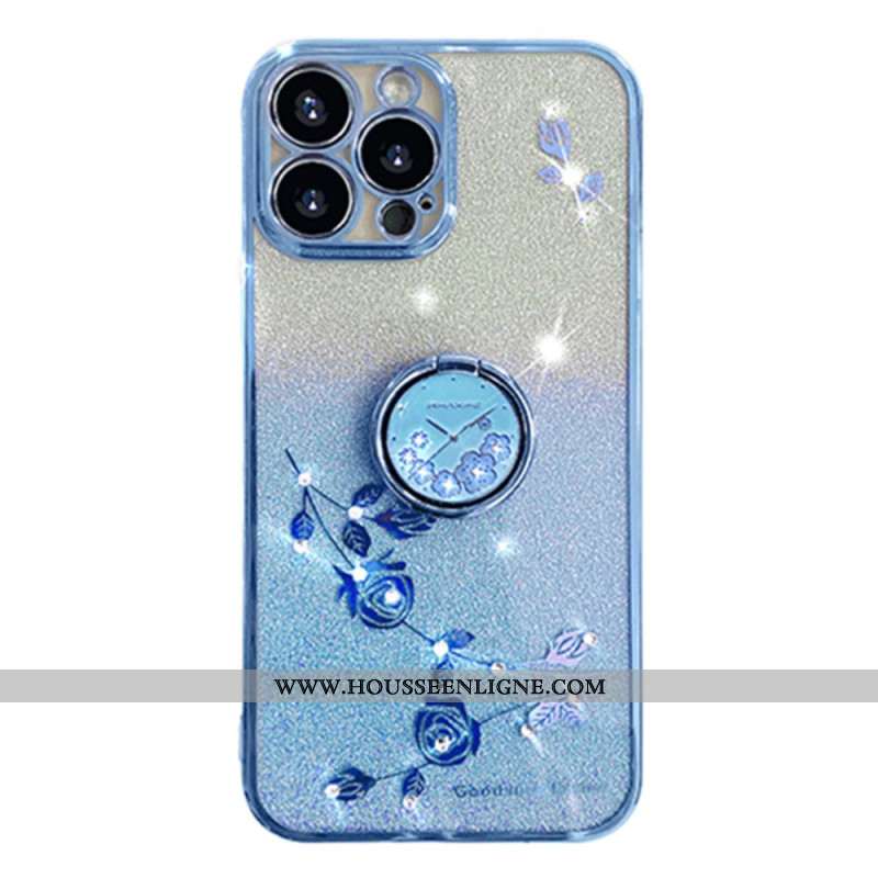 Coque iPhone 16 Pro Anneau-Support Fleurs et Strass KADEM