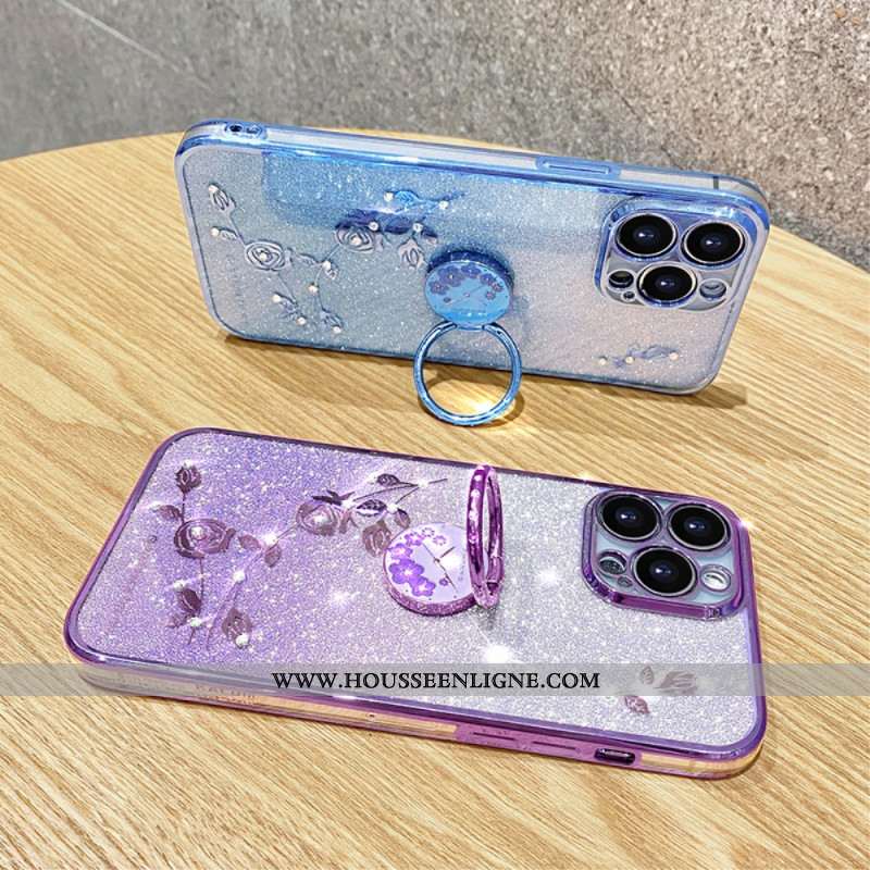 Coque iPhone 16 Pro Anneau-Support Fleurs et Strass KADEM