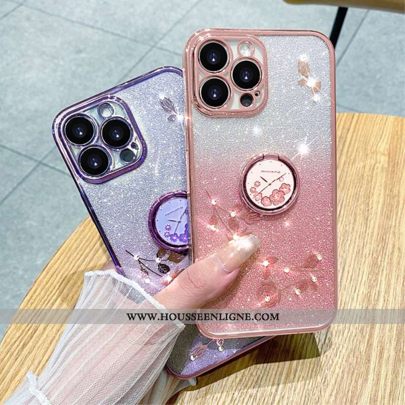 Coque iPhone 16 Pro Anneau-Support Fleurs et Strass KADEM