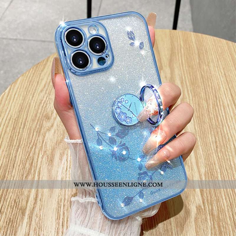 Coque iPhone 16 Pro Max Anneau-Support Fleurs et Strass KADEM