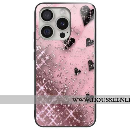 Coque iPhone 16 Pro Max Verre Trempé Coeurs sur Fond Roses