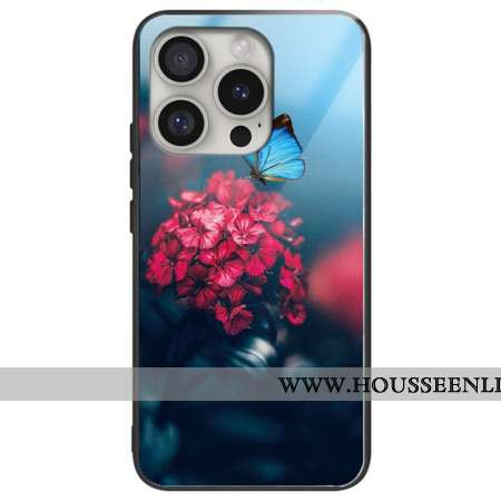 Coque iPhone 16 Pro Max Verre Trempé Fleurs et Papillon Bleu