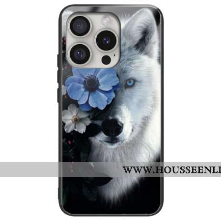 Coque iPhone 16 Pro Max Verre Trempé Loup et Fleur Bleue