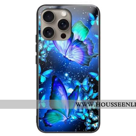 Coque iPhone 16 Pro Max Verre Trempé Papillons Bleus