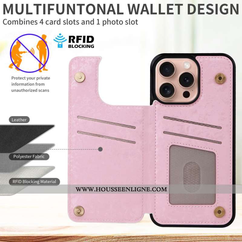 Coque iPhone 16 Pro Porte-Cartes et Protection RFID Florale