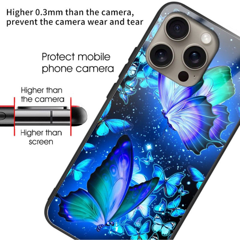 Coque iPhone 16 Pro Verre Trempé Papillons Bleus