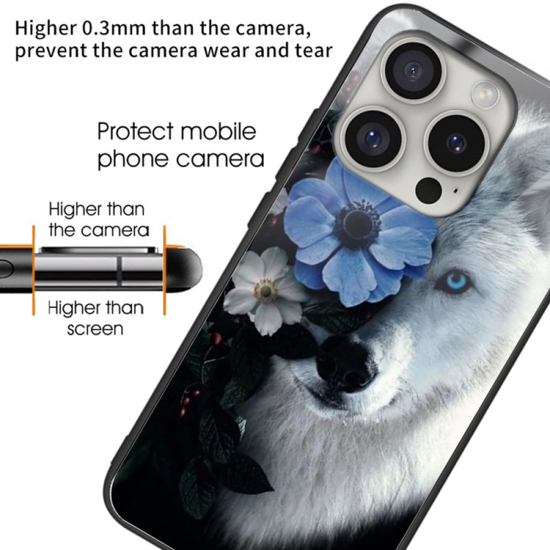 Coque iPhone 16 Pro Verre Trempé loup et Fleur Bleu