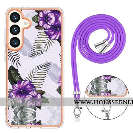 Coque à Cordon Samsung Galaxy S24 Plus 5G Fleurs Pourpres