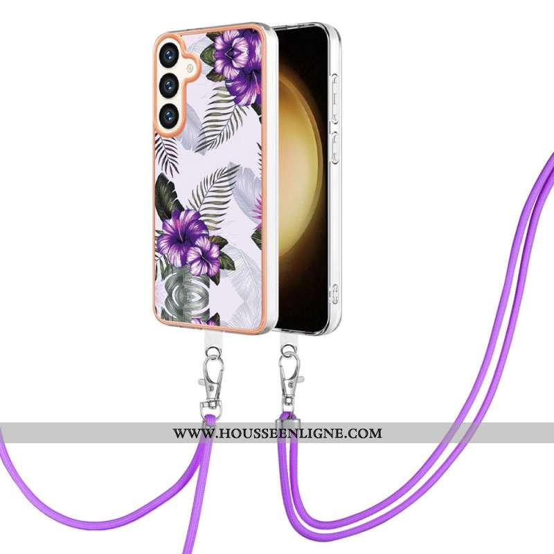 Coque à Cordon Samsung Galaxy S24 Plus 5G Fleurs Pourpres