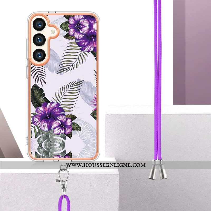 Coque à Cordon Samsung Galaxy S24 Plus 5G Fleurs Pourpres