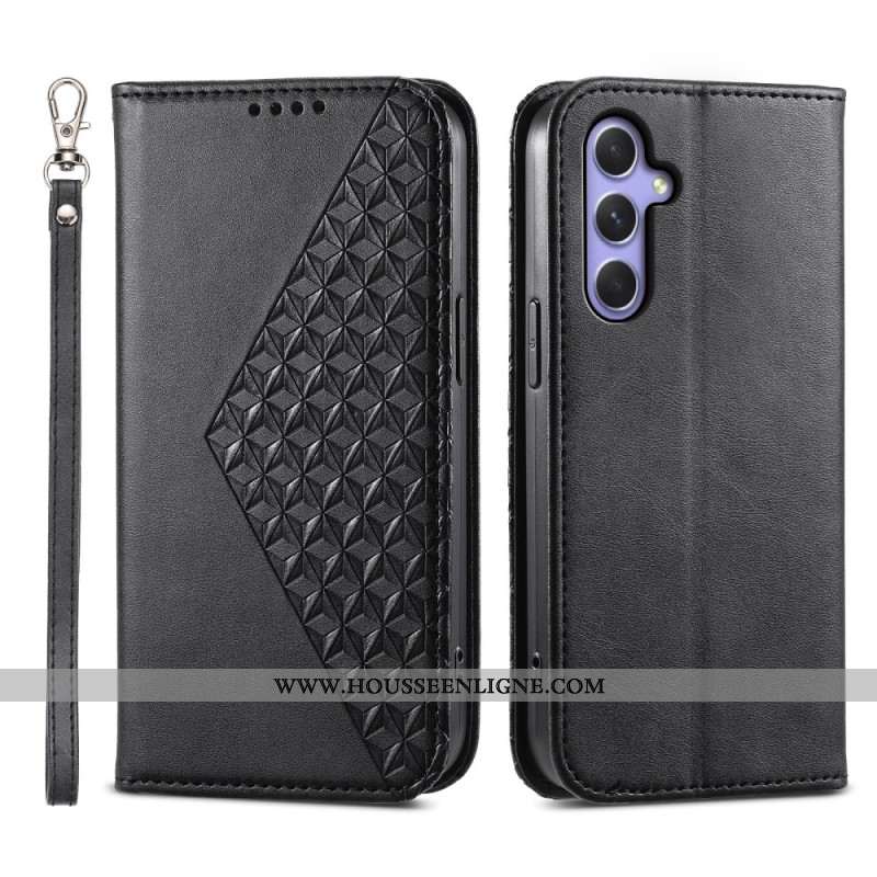 Flip Cover Samsung Galaxy A55 5G Losanges 3D à Lanière