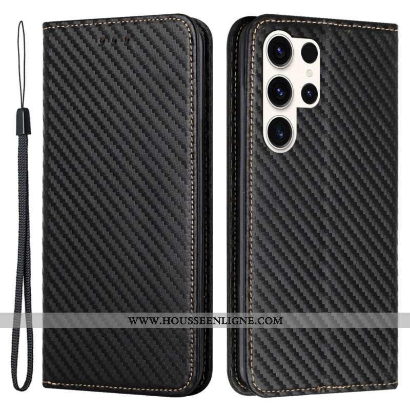 Flip Cover Samsung Galaxy S24 Ultra 5G Fibre Carbone et Lanière