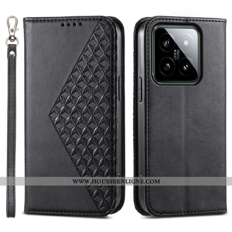 Flip Cover Xiaomi 14 Design Losanges 3D avec Lanière