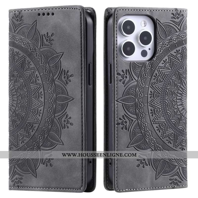 Flip Cover iPhone 16 Pro Effet Daim Mandala