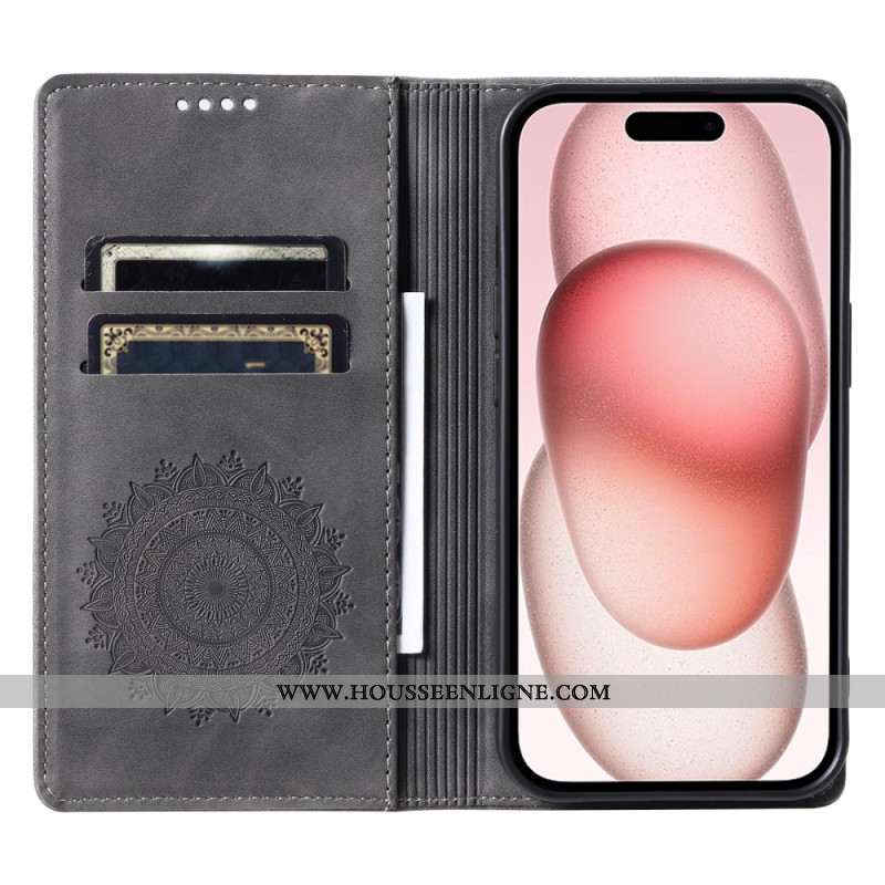 Flip Cover iPhone 16 Pro Effet Daim Mandala