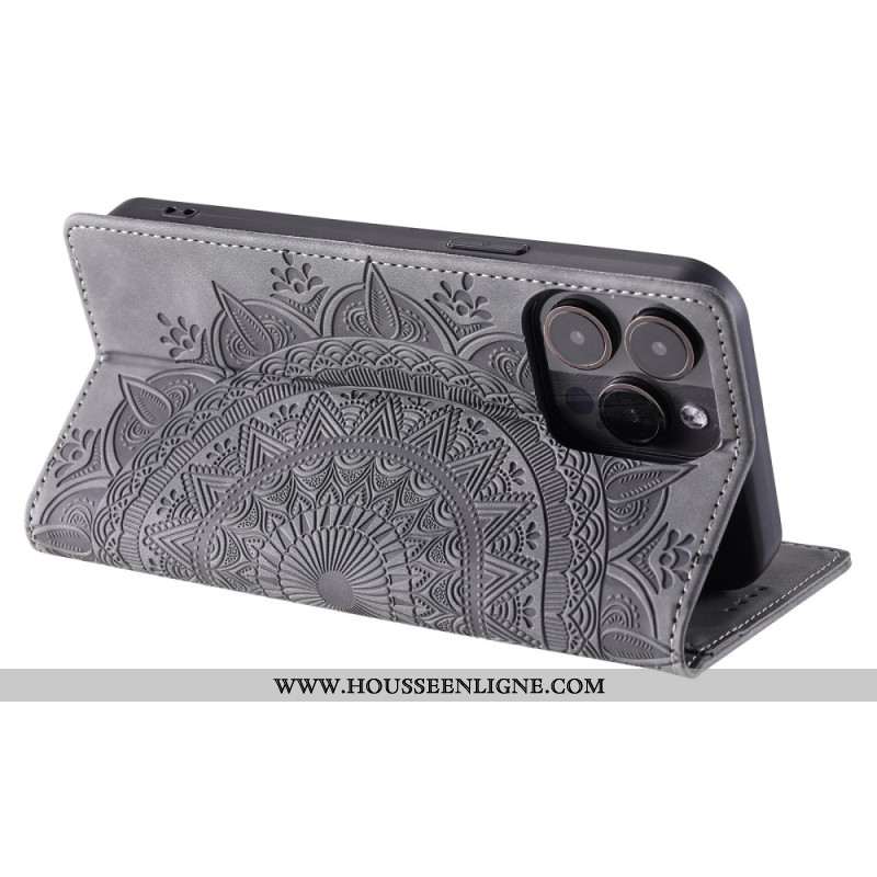 Flip Cover iPhone 16 Pro Effet Daim Mandala