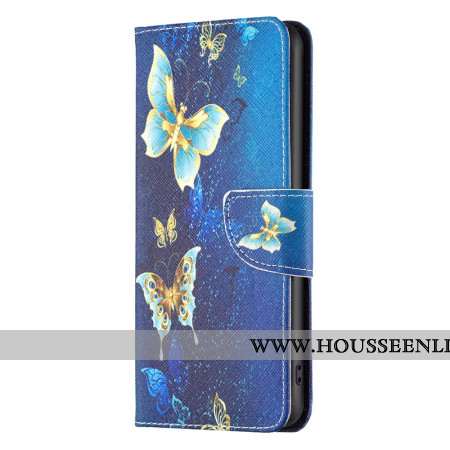 Housse OnePlus 12 5G Papillons Dorés sur Fond Bleu