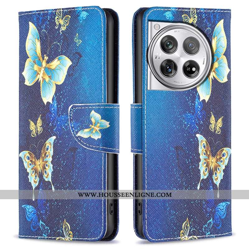 Housse OnePlus 12 5G Papillons Dorés sur Fond Bleu