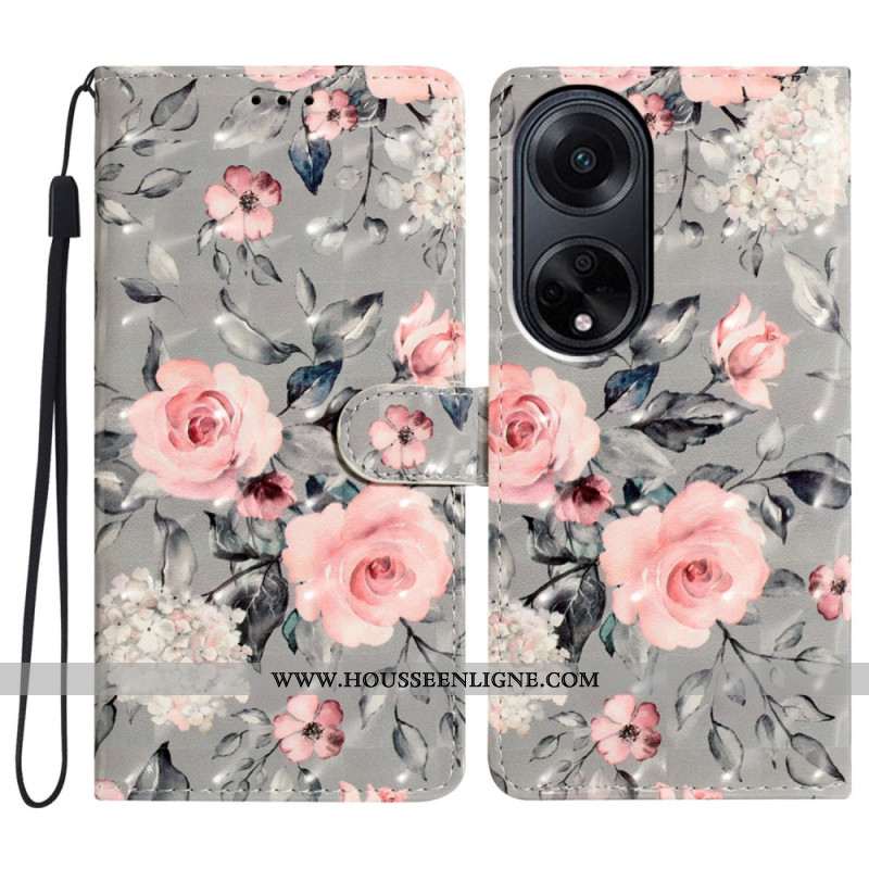 Housse Oppo A98 5G Fleurs Roses à Lanière