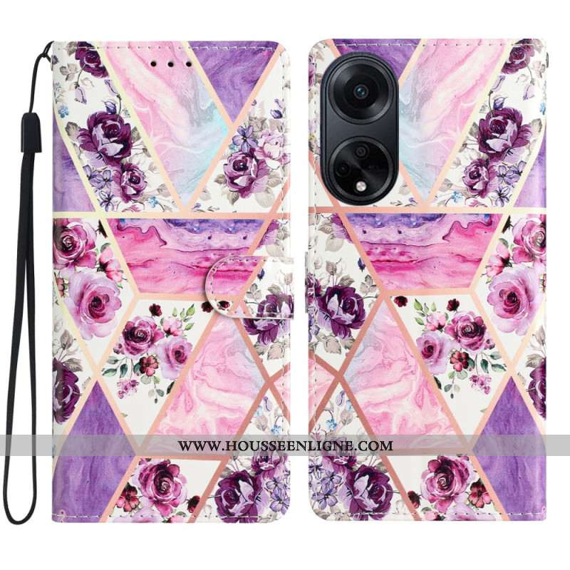 Housse Oppo A98 5G Fleurs Violettes à Lanière