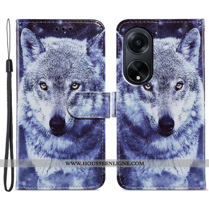 Housse Oppo A98 5G Loup Blanc à Lanière