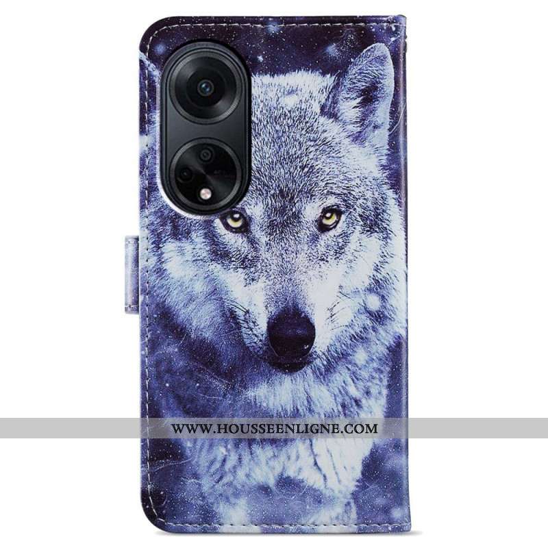 Housse Oppo A98 5G Loup Blanc à Lanière