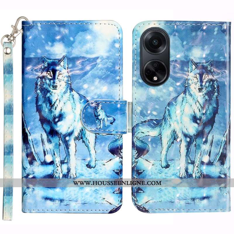 Housse Oppo A98 5G Loup des Neiges 3D à Lanière