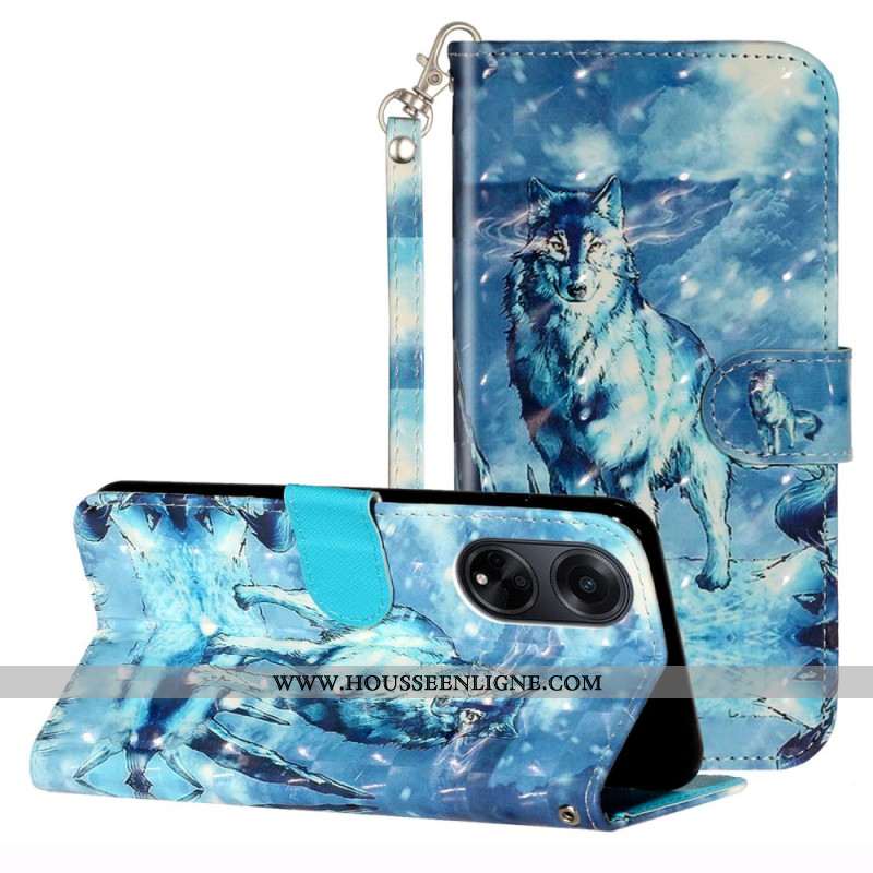 Housse Oppo A98 5G Loup des Neiges 3D à Lanière