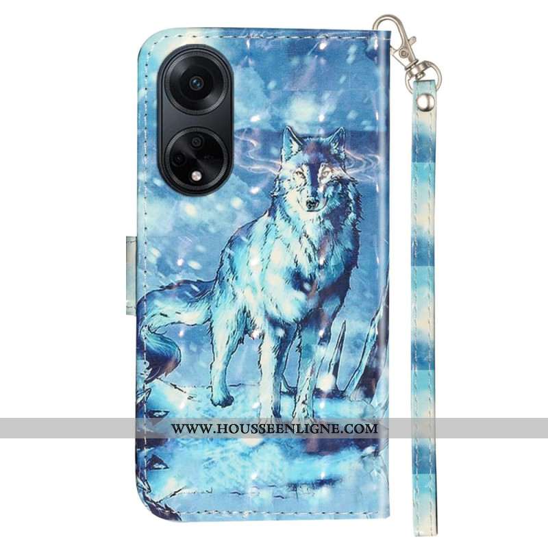 Housse Oppo A98 5G Loup des Neiges 3D à Lanière