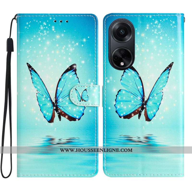 Housse Oppo A98 5G Papillon Bleu à Lanière