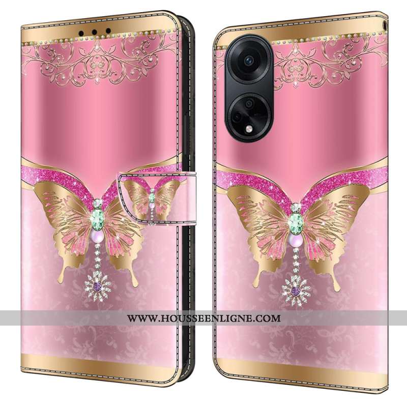 Housse Oppo A98 5G Papillon Rose et Or