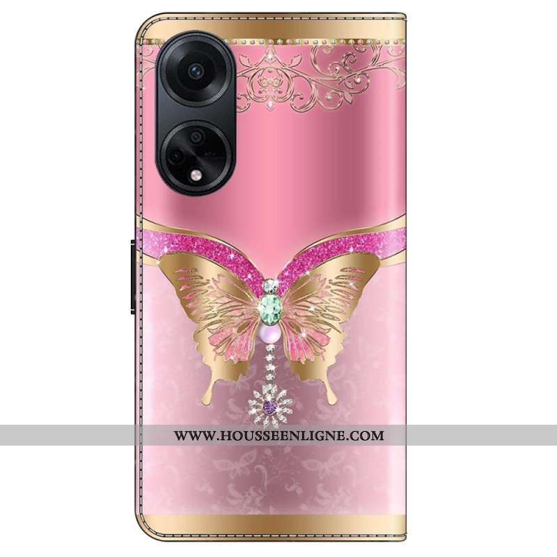 Housse Oppo A98 5G Papillon Rose et Or