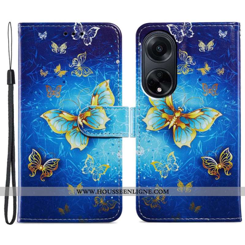 Housse Oppo A98 5G Papillons Dorés à Lanière